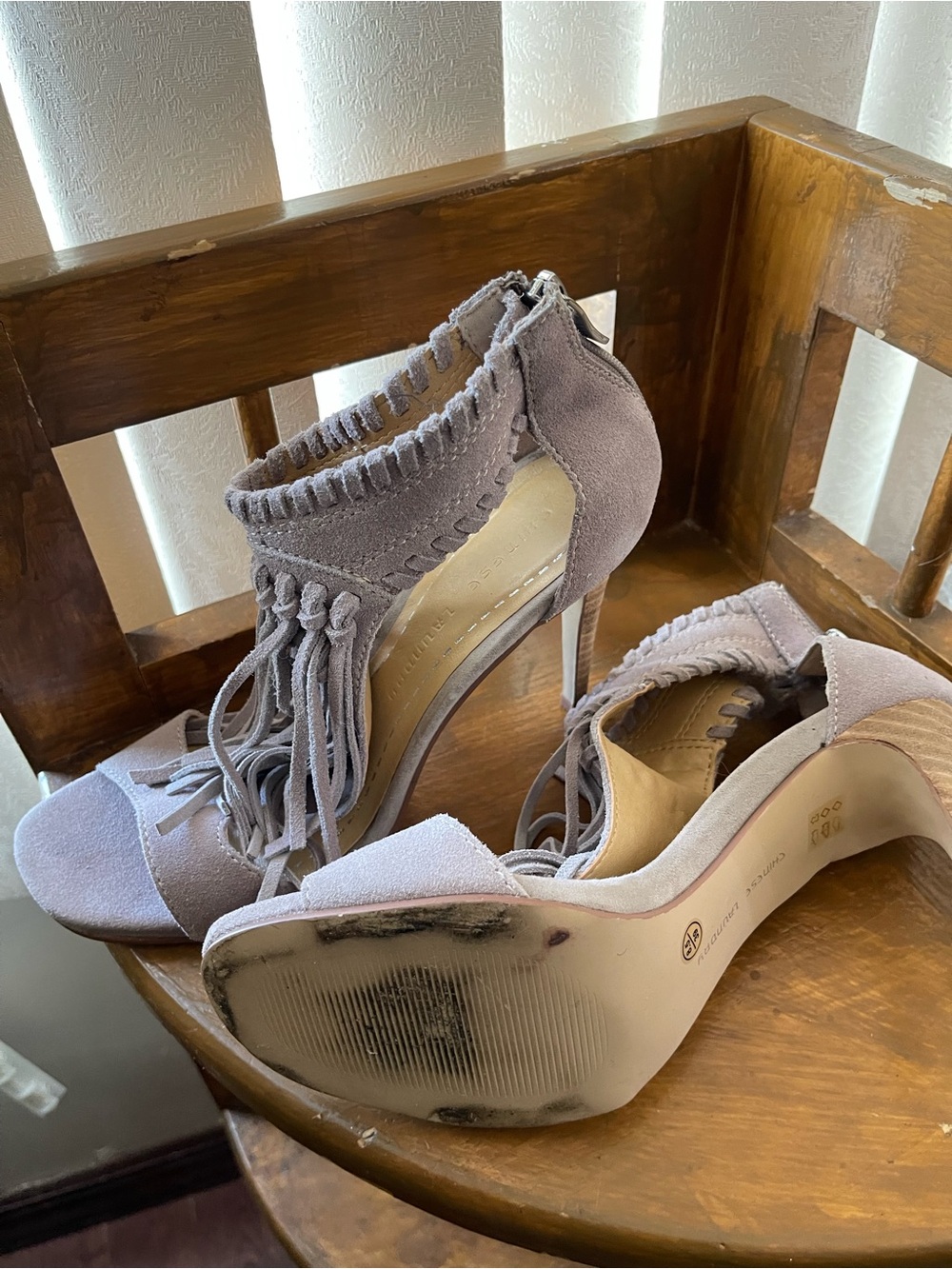 Chinese Laundry Light Gray Suede Fringe Stiletto Sandals